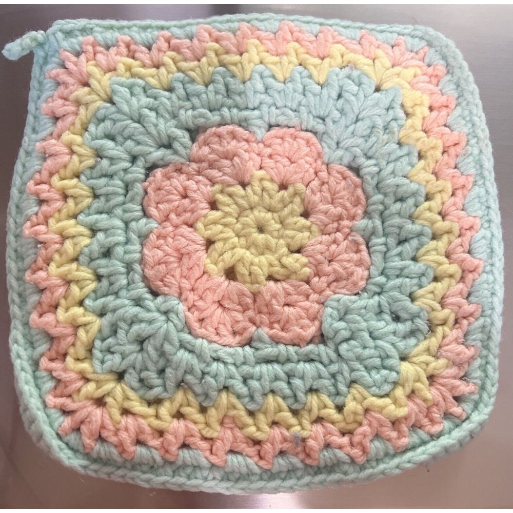 Vintage Crocheted Double Sided Pot Holder Pastel Multicolor Square Oven Mitt